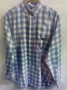 Men's Blue and White Plaid Button-Down Shirt